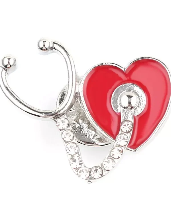 Stethoscope-Red Heart Silver Brooch